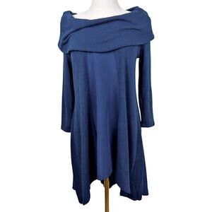 Soft Surroundings Women’s SM Blue Knit Cowl Neck Off Shoulder Tunic Top